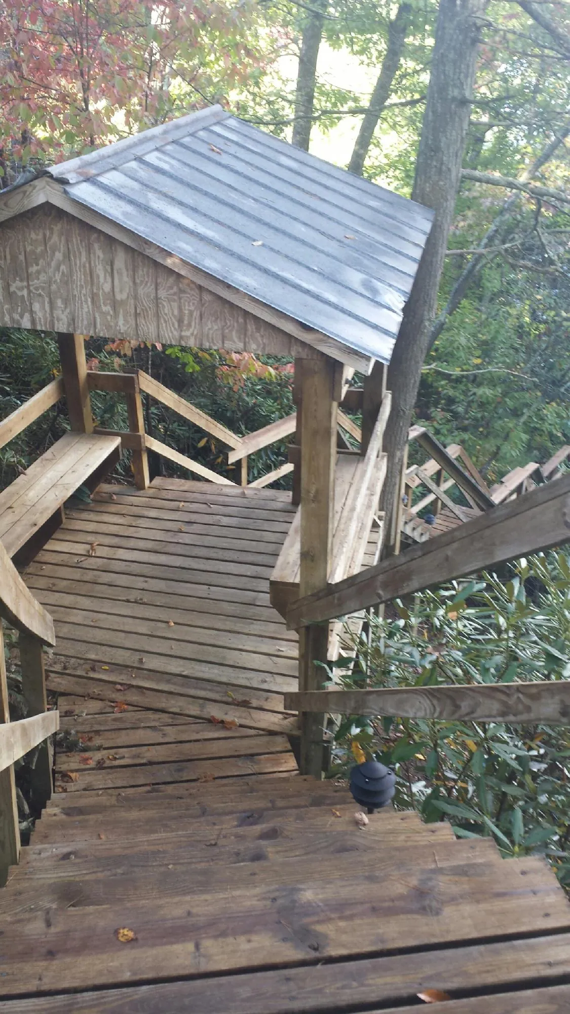 Metal roofed shelter over wooden steps on a wooded walkway — Skylight Repair & Installation work by our crew in Fullerton
